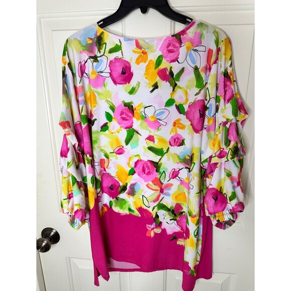 Slim Factor Blouse Investments Floral Womens Tunic Top Large 3/4 Ruffle Sleeve - Picture 6 of 10
